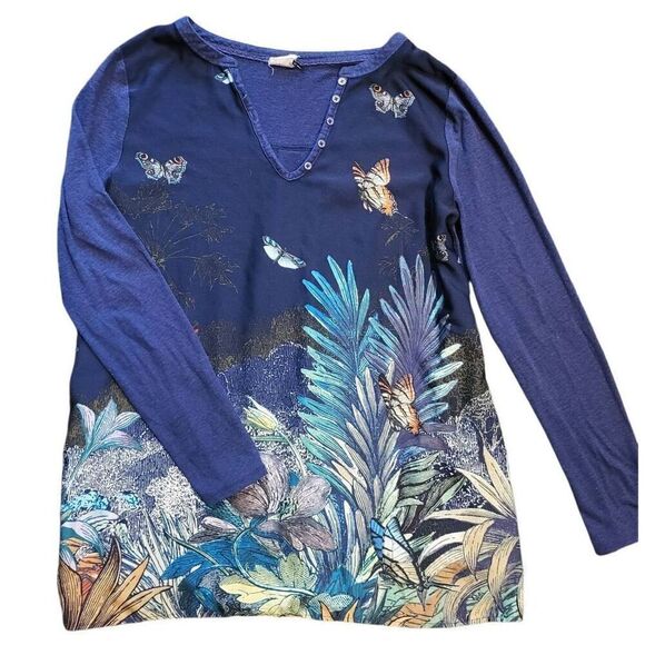 Anthropologie Tops - Anthropologie Akemi Kin Blouse Women's Small Blue Fauna Floral Butterfly Linen